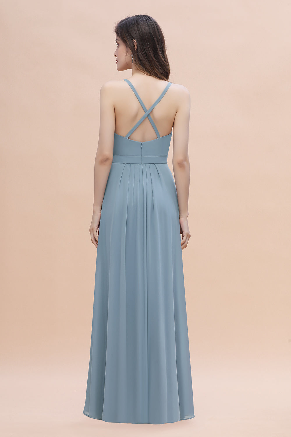 Gorgeous A-Line Straps Dusty Blue Chiffon Bridesmaid Dress with Ruffles On Sale