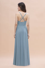 Gorgeous A-Line Straps Dusty Blue Chiffon Bridesmaid Dress with Ruffles On Sale