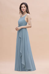 Gorgeous A-Line Straps Dusty Blue Chiffon Bridesmaid Dress with Ruffles On Sale