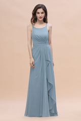 Gorgeous A-Line Straps Dusty Blue Chiffon Bridesmaid Dress with Ruffles On Sale