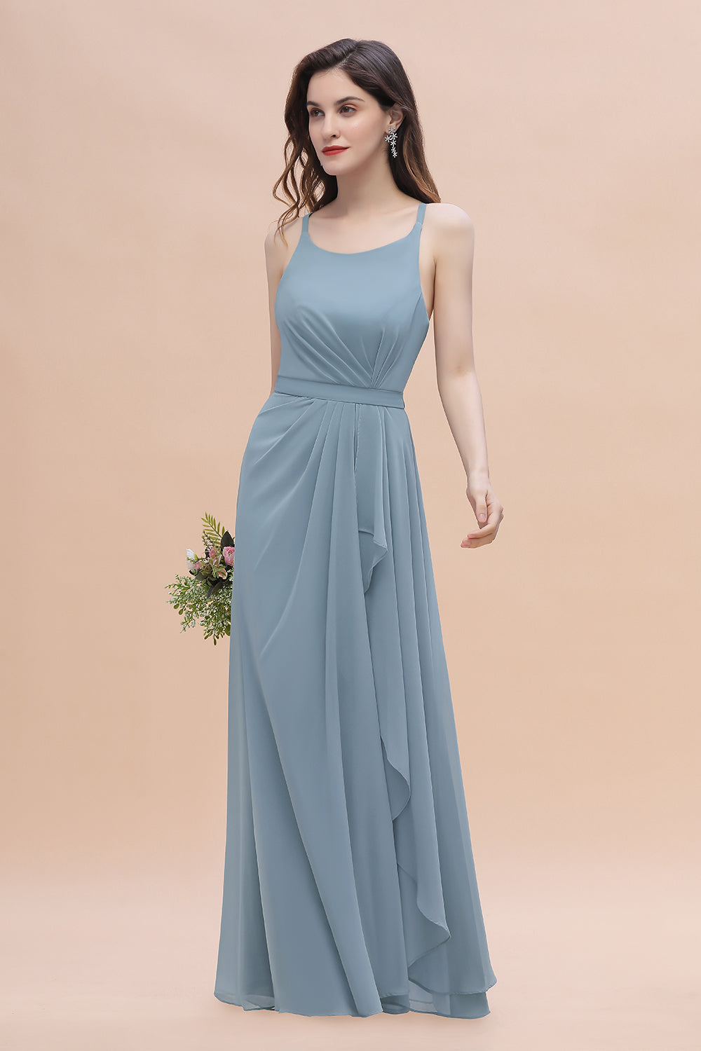 Gorgeous A-Line Straps Dusty Blue Chiffon Bridesmaid Dress with Ruffles On Sale