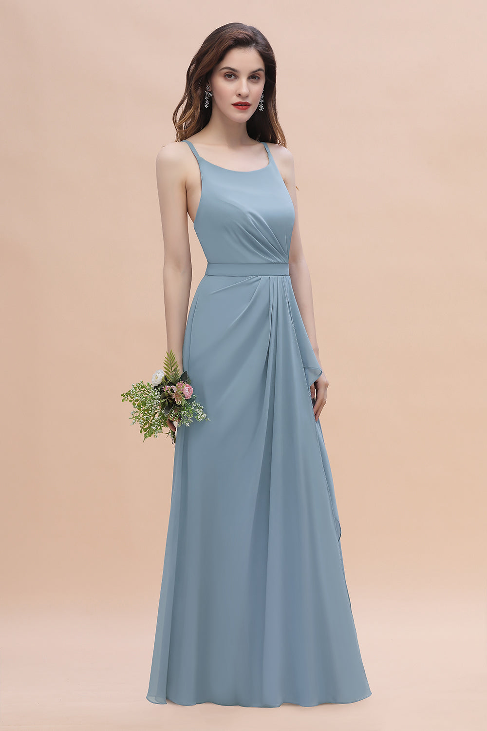 Gorgeous A-Line Straps Dusty Blue Chiffon Bridesmaid Dress with Ruffles On Sale