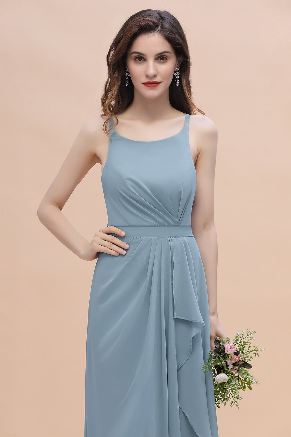Gorgeous A-Line Straps Dusty Blue Chiffon Bridesmaid Dress with Ruffles On Sale