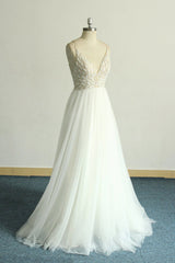 Gorgeous A-line White Lace Tulle Wedding Dress Sleeveless Appliques Bridal Gowns On Sale