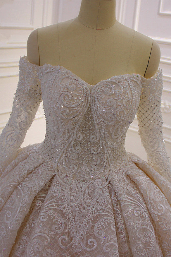 Gorgeous Ball Gown Strapless Sequins Wedding Dress Long Sleeves Tulle Lace Bridal Gowns On Sale