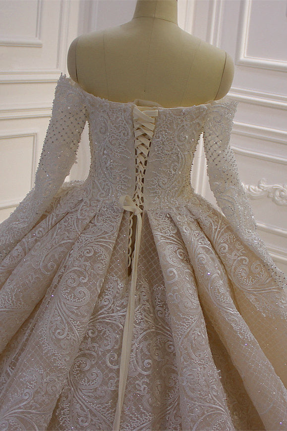 Gorgeous Ball Gown Strapless Sequins Wedding Dress Long Sleeves Tulle Lace Bridal Gowns On Sale