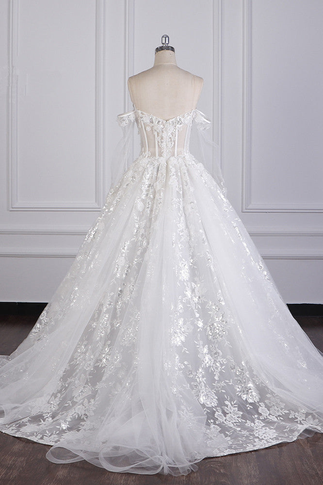 Gorgeous Ball Gown Strapless Tulle Lace Wedding Dress Sleeveless Appliques Sequins Bridal Gowns