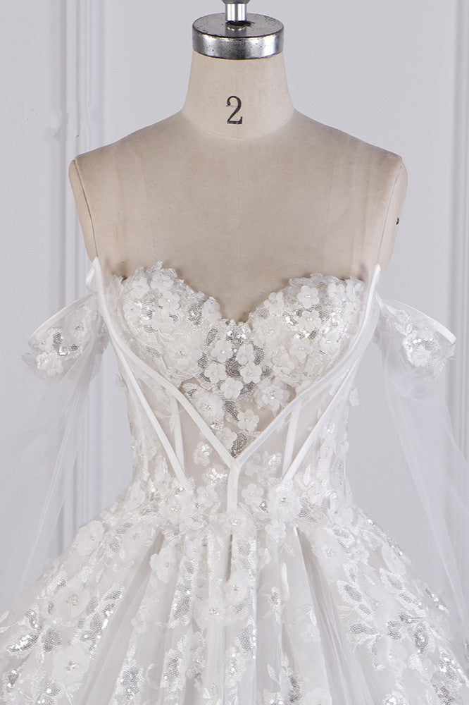 Gorgeous Ball Gown Strapless Tulle Lace Wedding Dress Sleeveless Appliques Sequins Bridal Gowns