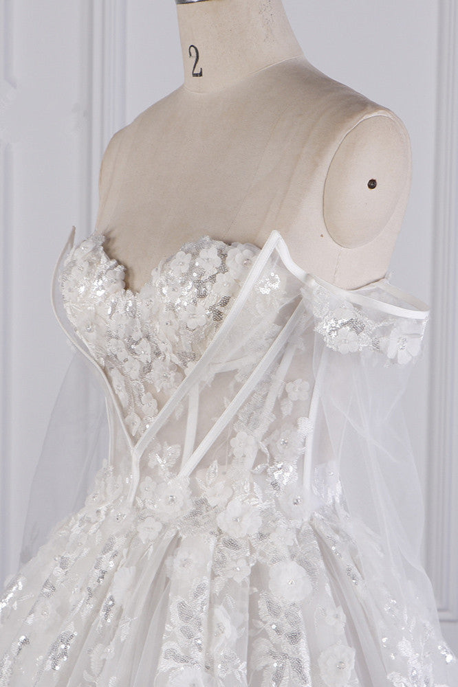 Gorgeous Ball Gown Strapless Tulle Lace Wedding Dress Sleeveless Appliques Sequins Bridal Gowns
