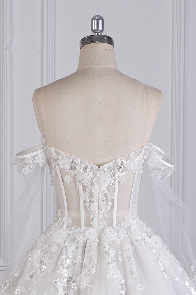 Gorgeous Ball Gown Strapless Tulle Lace Wedding Dress Sleeveless Appliques Sequins Bridal Gowns