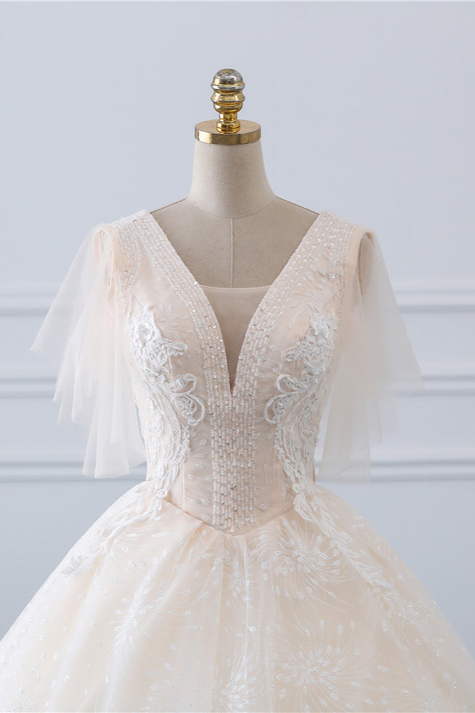 Gorgeous Ball Gown V-Neck Tulle Beadings Wedding Dress Rhinestones Appliques Bridal Gowns with Short Sleeves On Sale