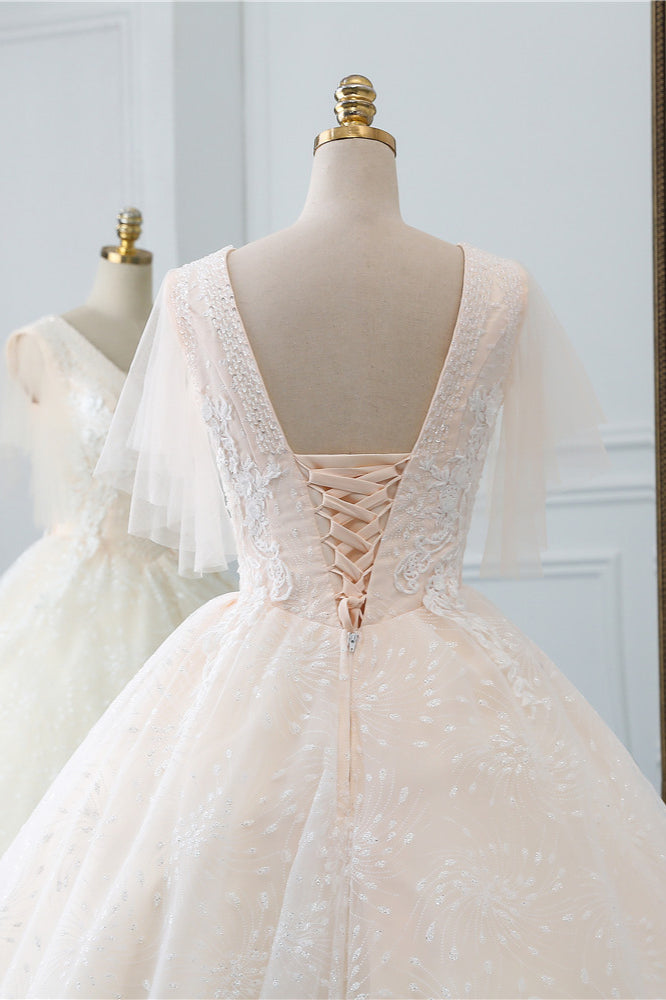Gorgeous Ball Gown V-Neck Tulle Beadings Wedding Dress Rhinestones Appliques Bridal Gowns with Short Sleeves On Sale