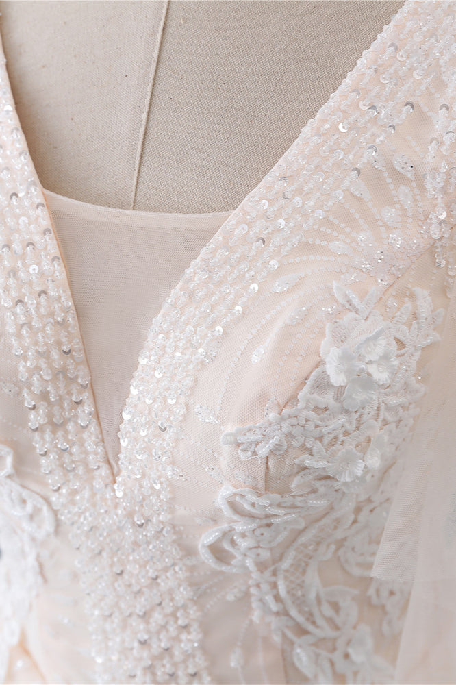 Gorgeous Ball Gown V-Neck Tulle Beadings Wedding Dress Rhinestones Appliques Bridal Gowns with Short Sleeves On Sale