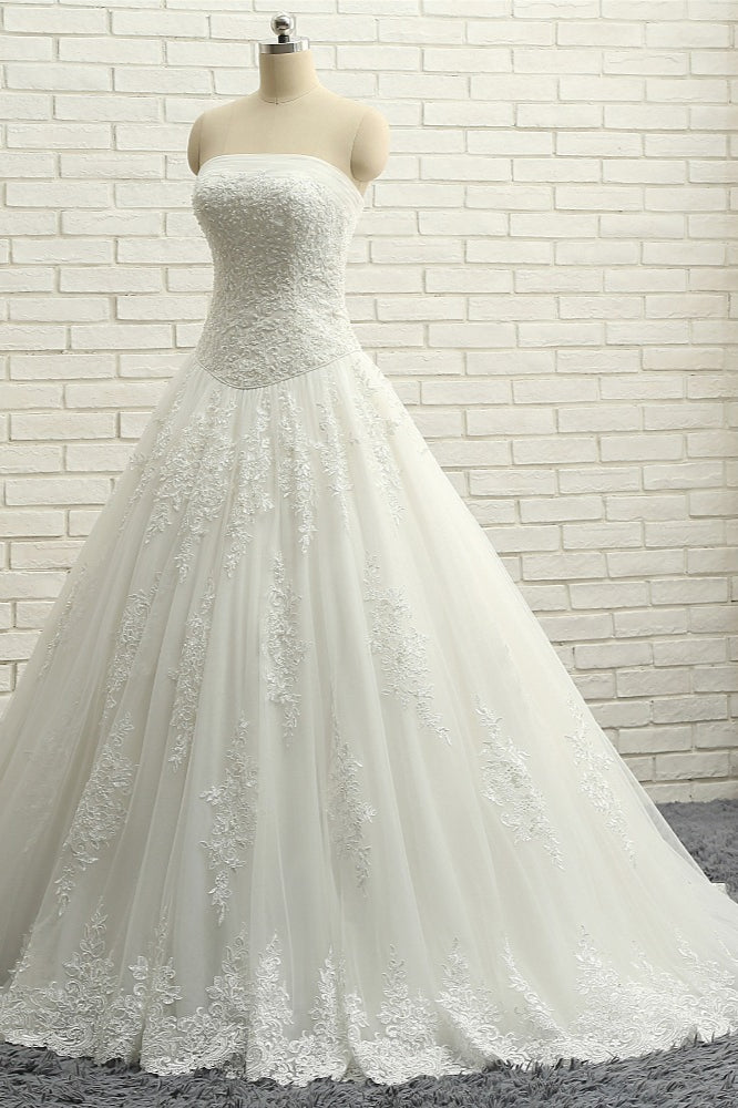 Gorgeous Bateau White Tulle Wedding Dresses A line Ruffles Lace Bridal Gowns With Appliques Online