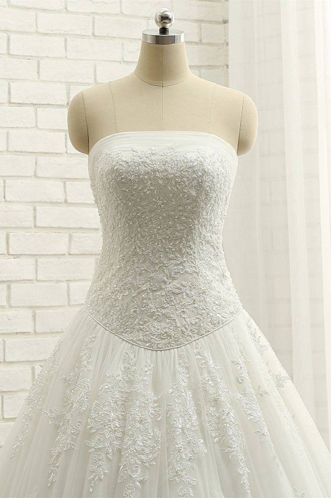 Gorgeous Bateau White Tulle Wedding Dresses A line Ruffles Lace Bridal Gowns With Appliques Online