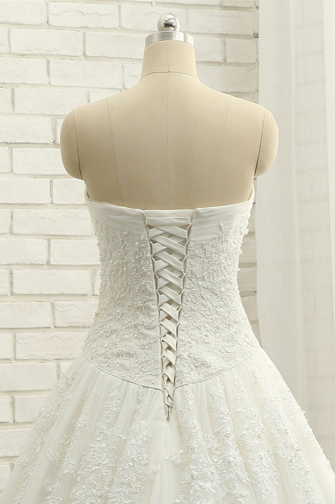 Gorgeous Bateau White Tulle Wedding Dresses A line Ruffles Lace Bridal Gowns With Appliques Online