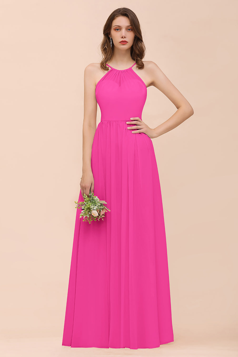 Gorgeous Chiffon Halter Ruffle Affordable Long Bridesmaid Dress