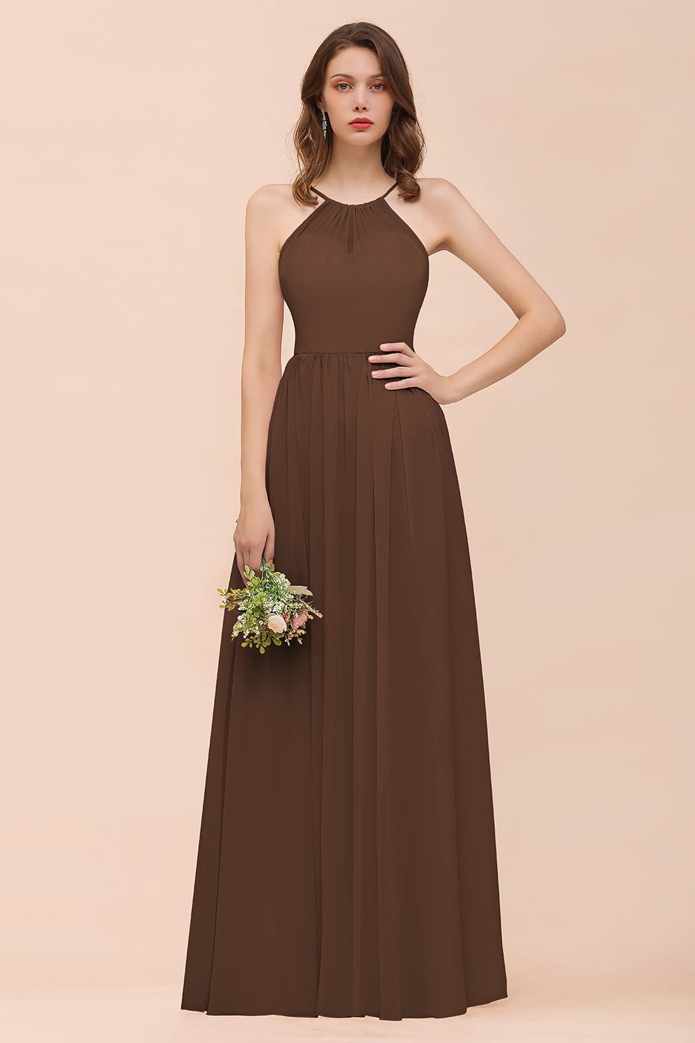 Gorgeous Chiffon Halter Ruffle Affordable Long Bridesmaid Dress