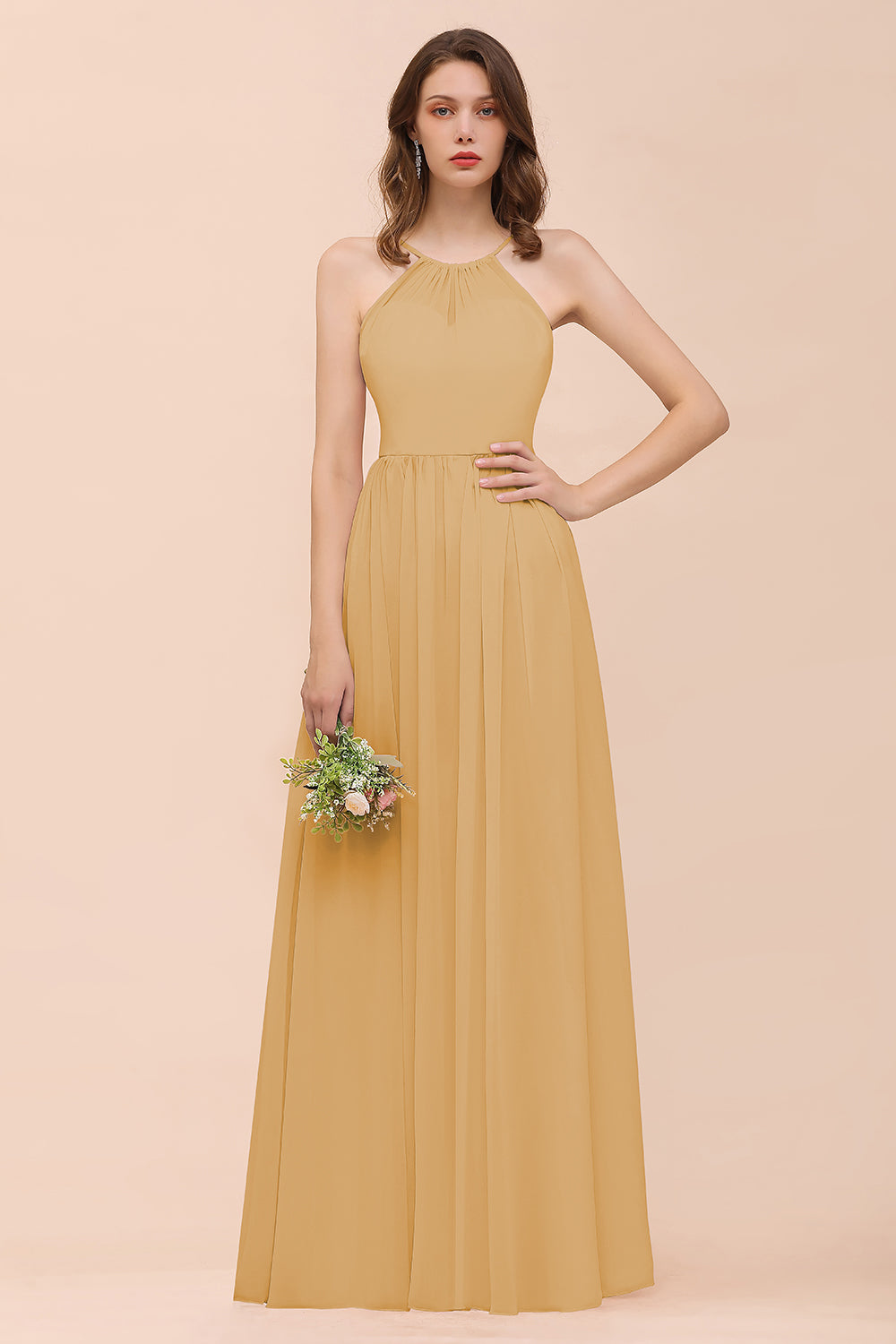 Gorgeous Chiffon Halter Ruffle Affordable Long Bridesmaid Dress