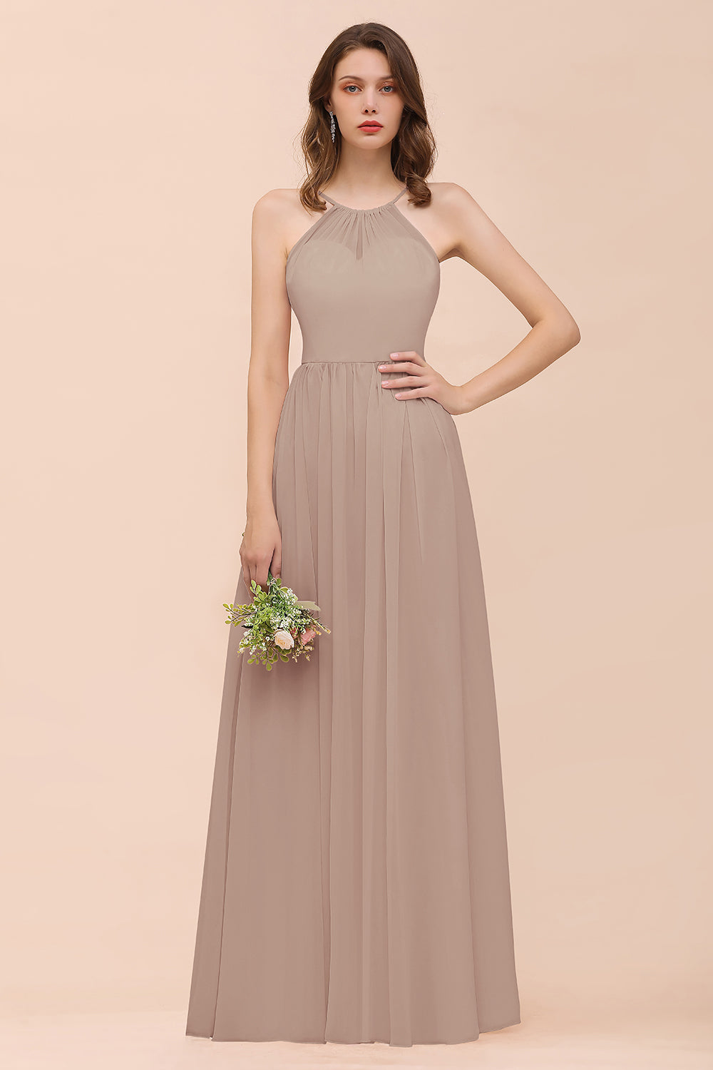 Gorgeous Chiffon Halter Ruffle Affordable Long Bridesmaid Dress