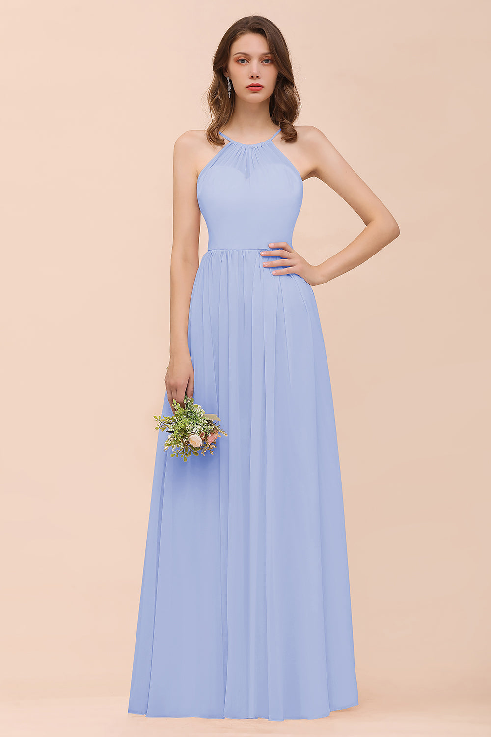 Gorgeous Chiffon Halter Ruffle Affordable Long Bridesmaid Dress