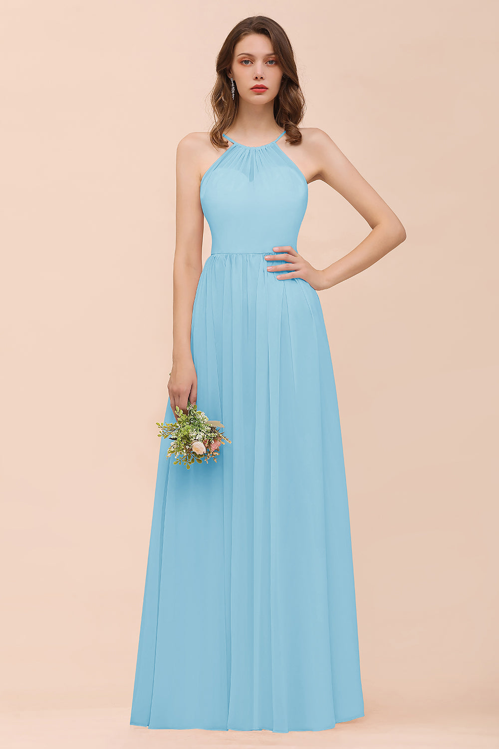 Gorgeous Chiffon Halter Ruffle Affordable Long Bridesmaid Dress