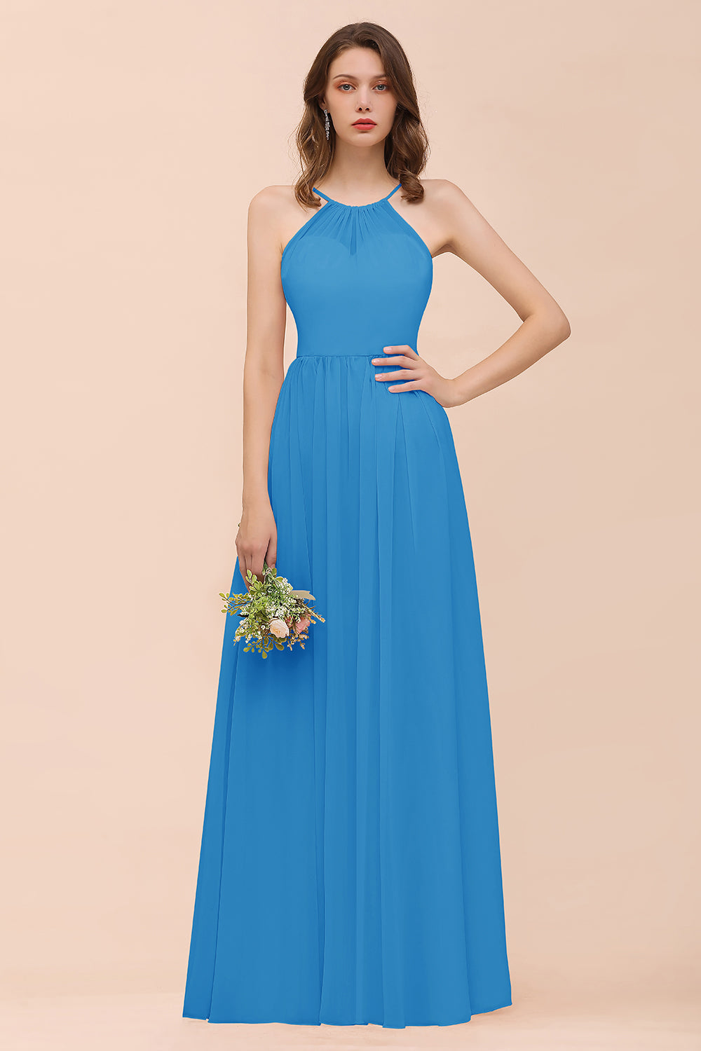 Gorgeous Chiffon Halter Ruffle Affordable Long Bridesmaid Dress