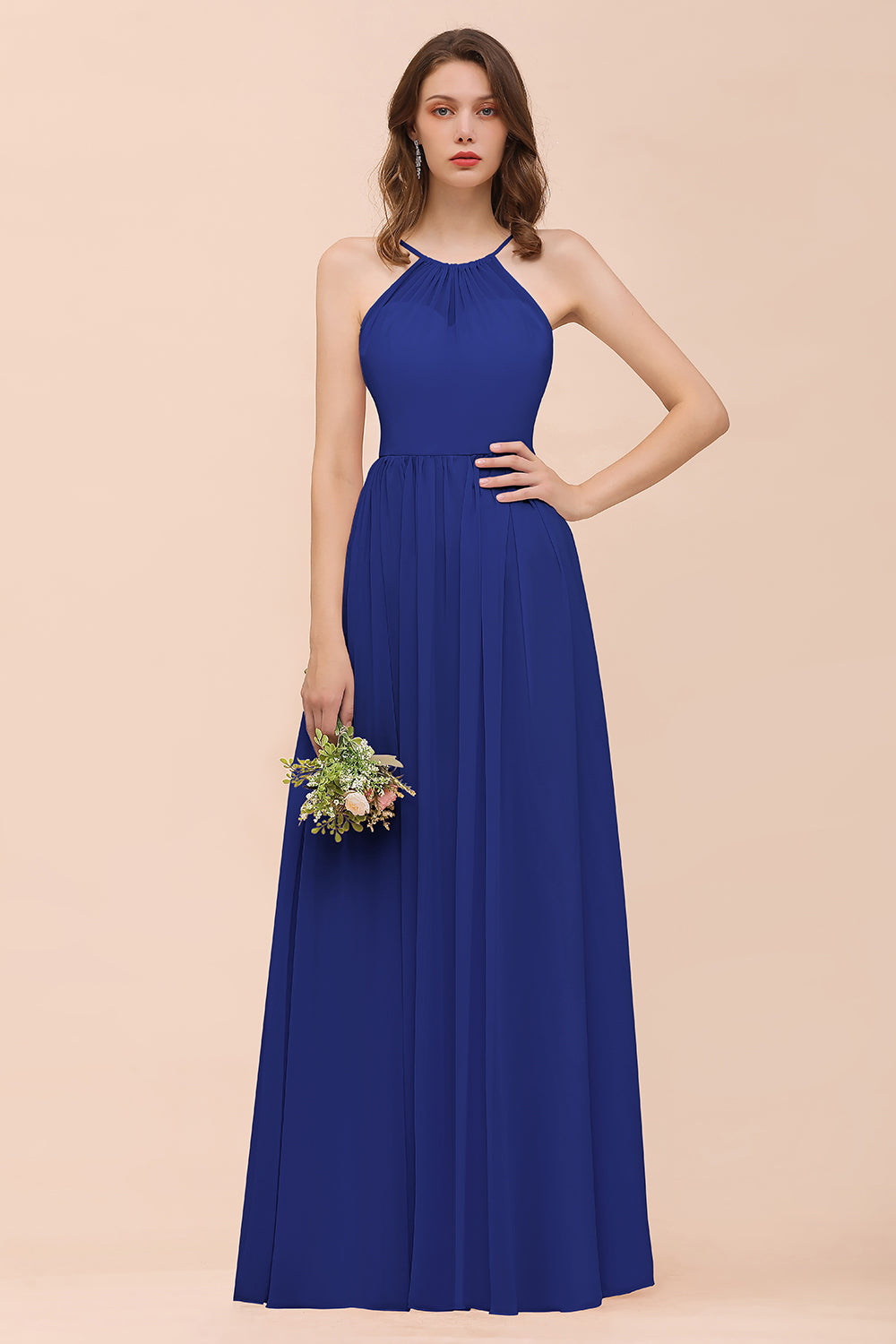 Gorgeous Chiffon Halter Ruffle Affordable Long Bridesmaid Dress