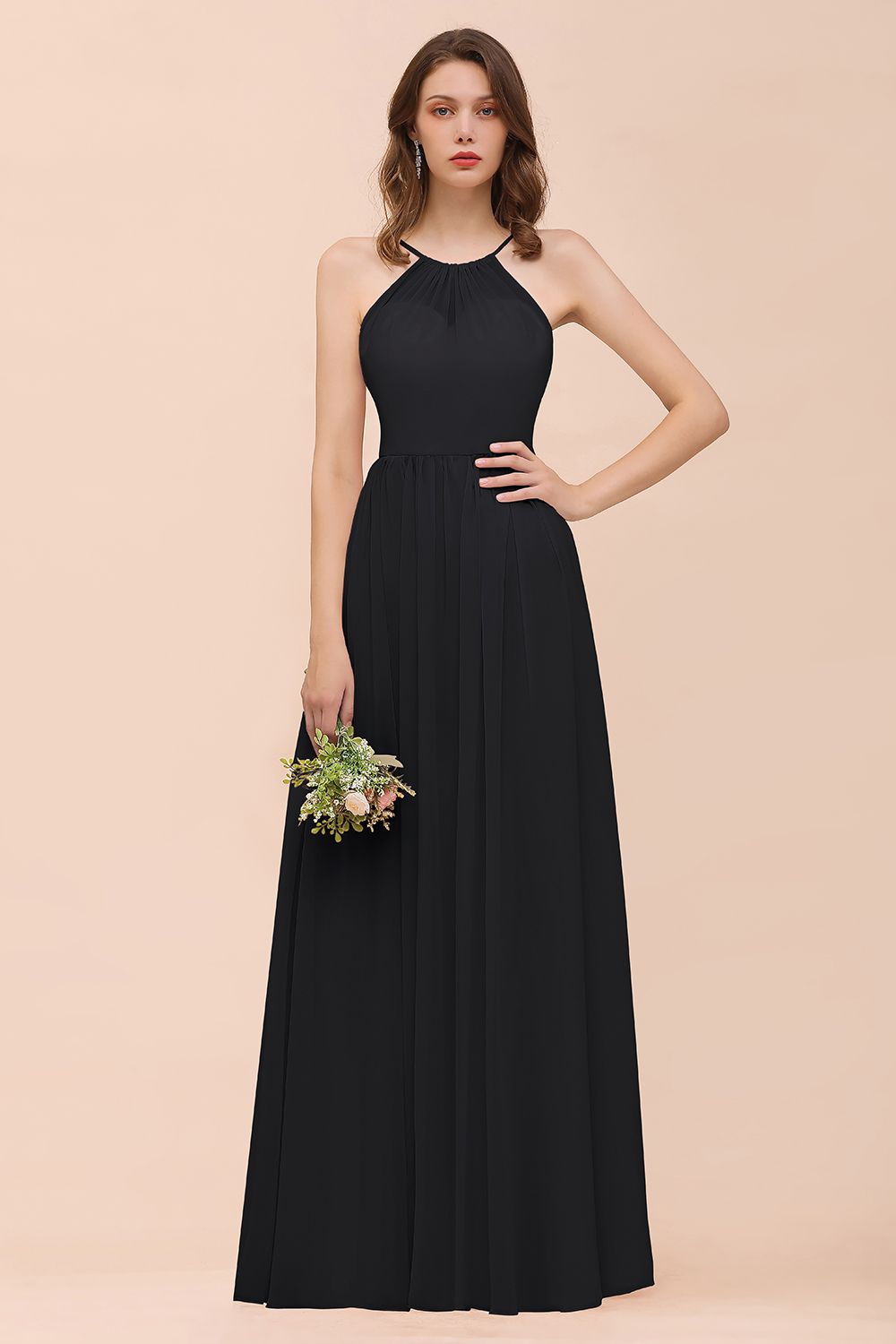 Gorgeous Chiffon Halter Ruffle Affordable Long Bridesmaid Dress