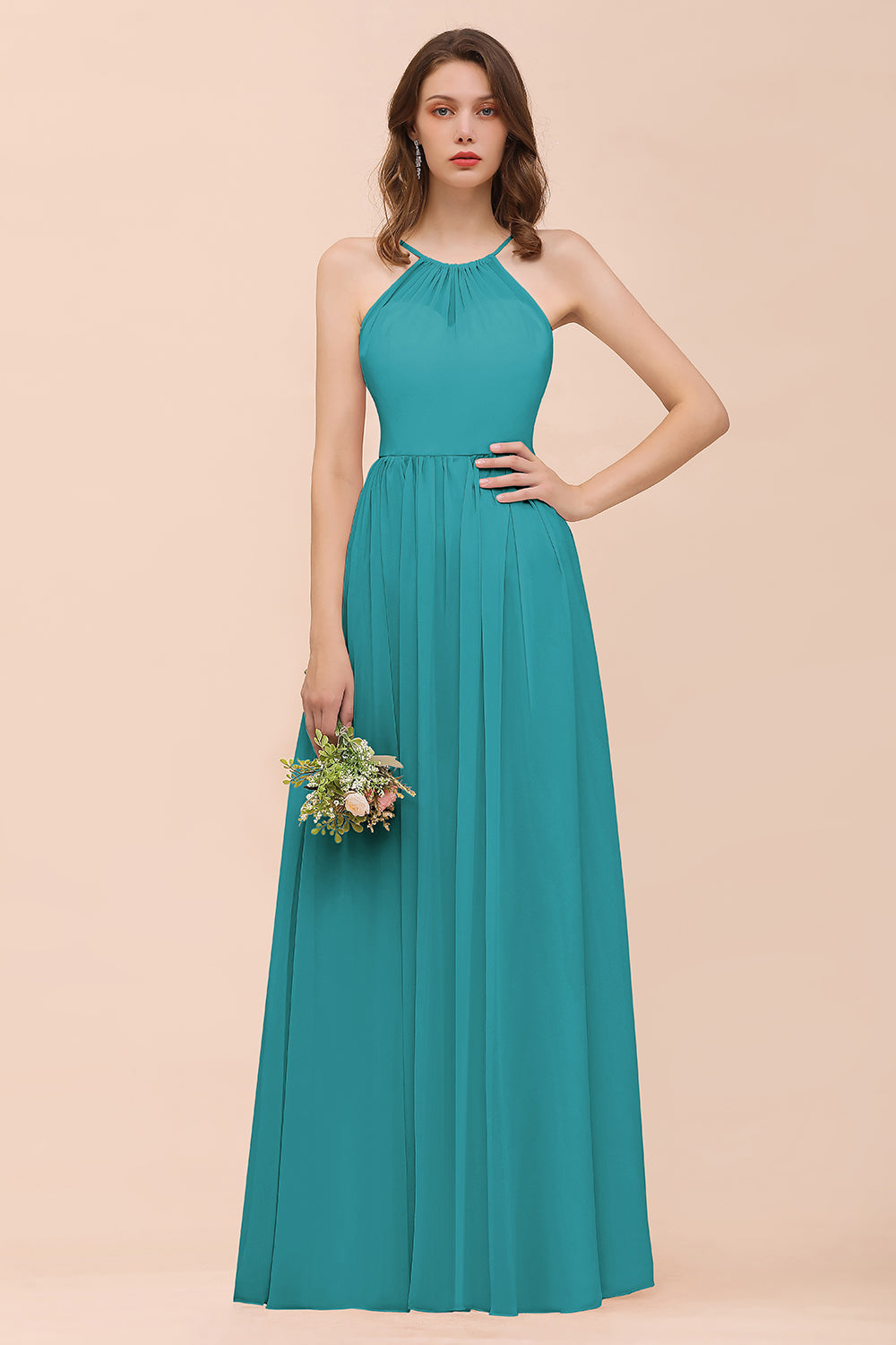 Gorgeous Chiffon Halter Ruffle Affordable Long Bridesmaid Dress