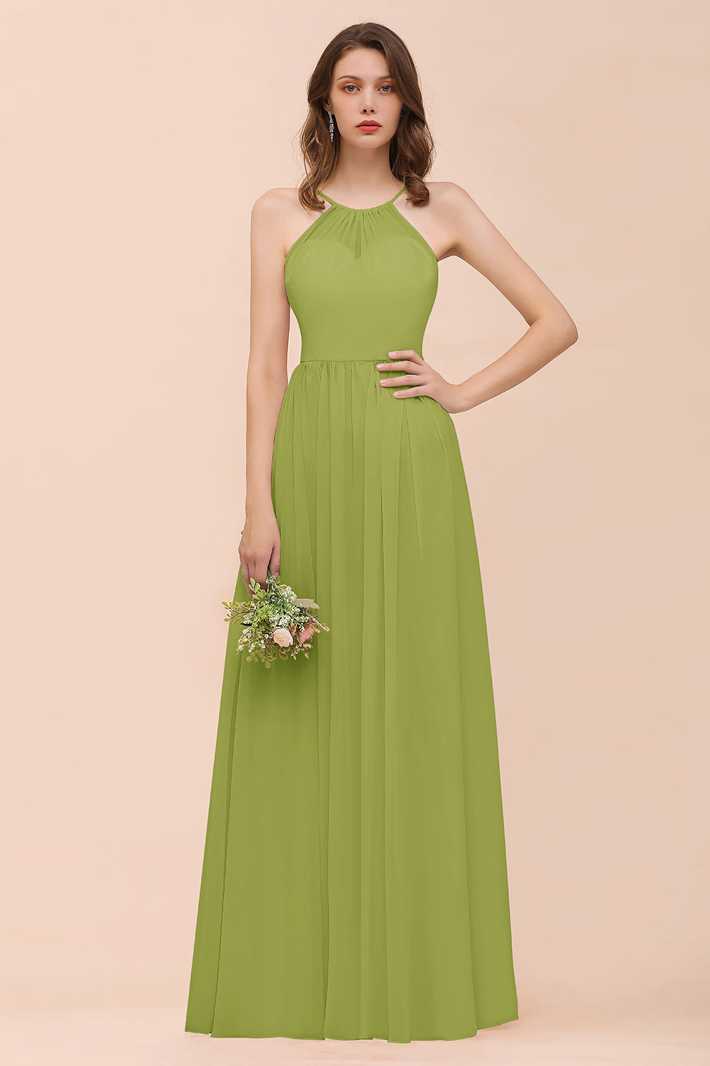 Gorgeous Chiffon Halter Ruffle Affordable Long Bridesmaid Dress