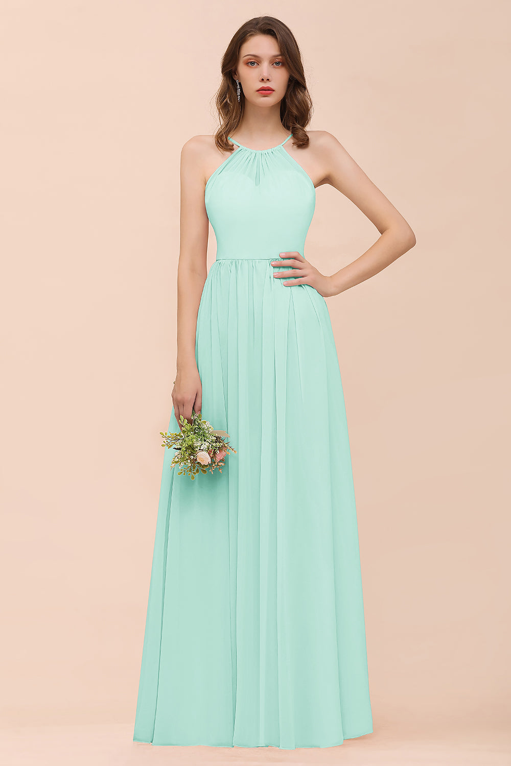 Gorgeous Chiffon Halter Ruffle Affordable Long Bridesmaid Dress