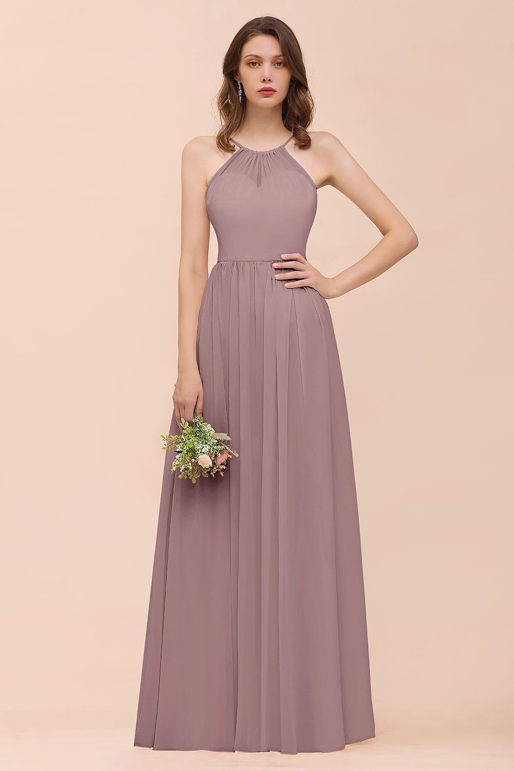 Gorgeous Chiffon Halter Ruffle Affordable Long Bridesmaid Dress