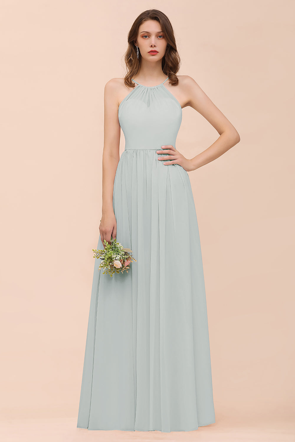 Gorgeous Chiffon Halter Ruffle Affordable Long Bridesmaid Dress