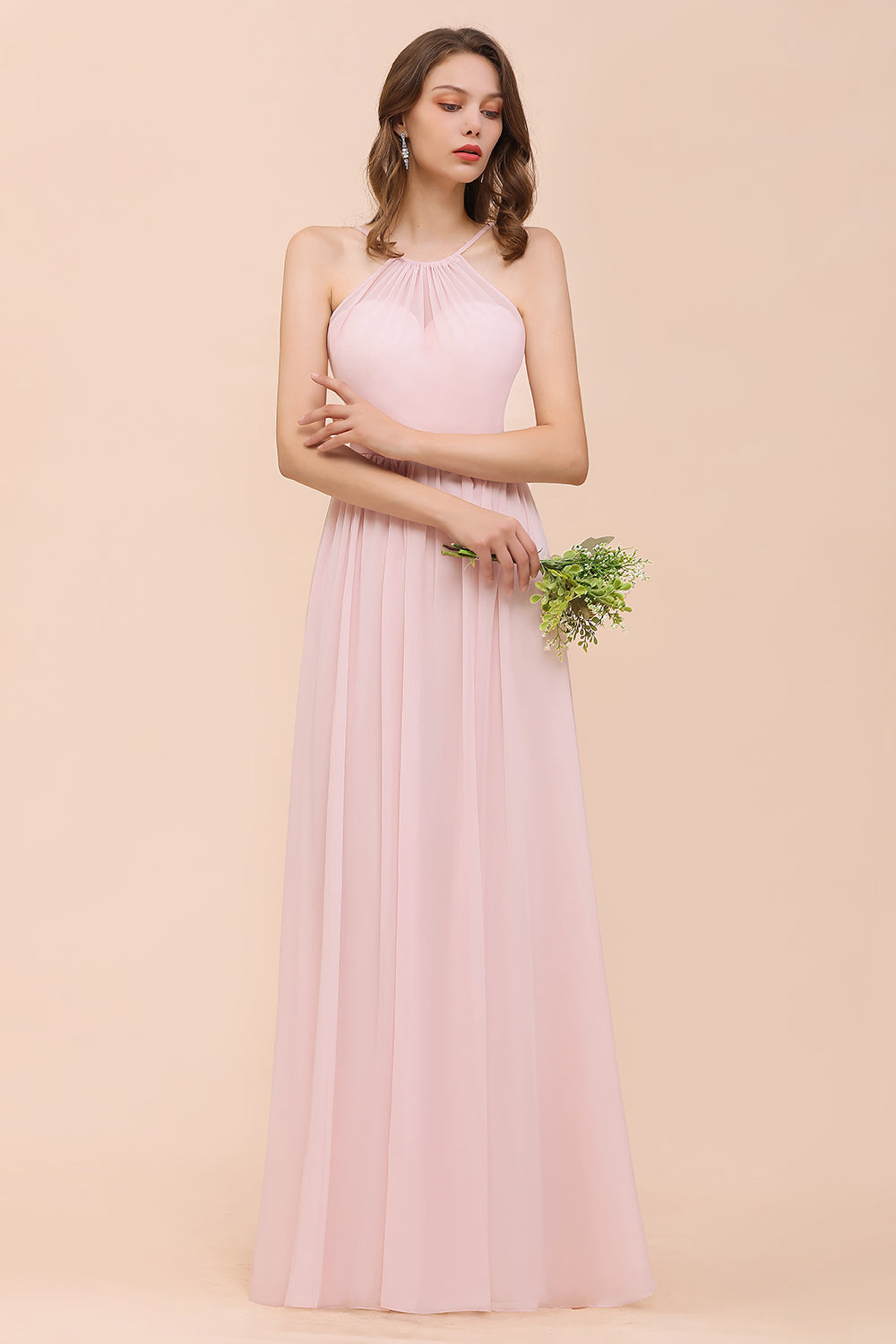 Gorgeous Chiffon Halter Ruffle Affordable Long Bridesmaid Dress