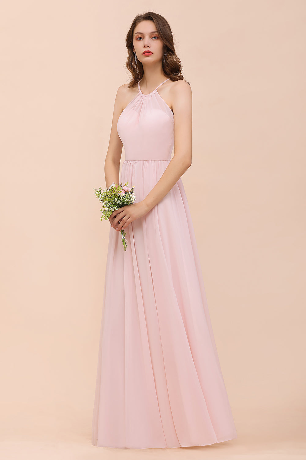 Gorgeous Chiffon Halter Ruffle Affordable Long Bridesmaid Dress