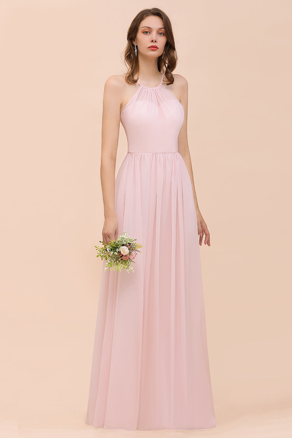 Gorgeous Chiffon Halter Ruffle Affordable Long Bridesmaid Dress