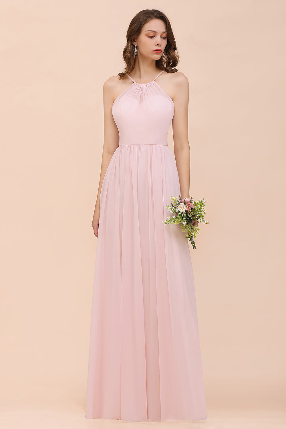 Gorgeous Chiffon Halter Ruffle Affordable Long Bridesmaid Dress