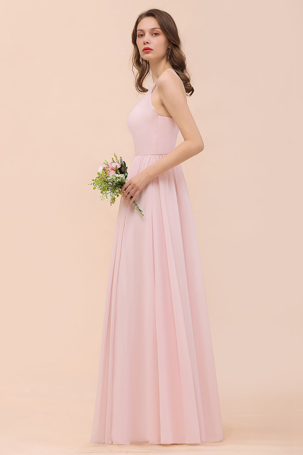 Gorgeous Chiffon Halter Ruffle Affordable Long Bridesmaid Dress