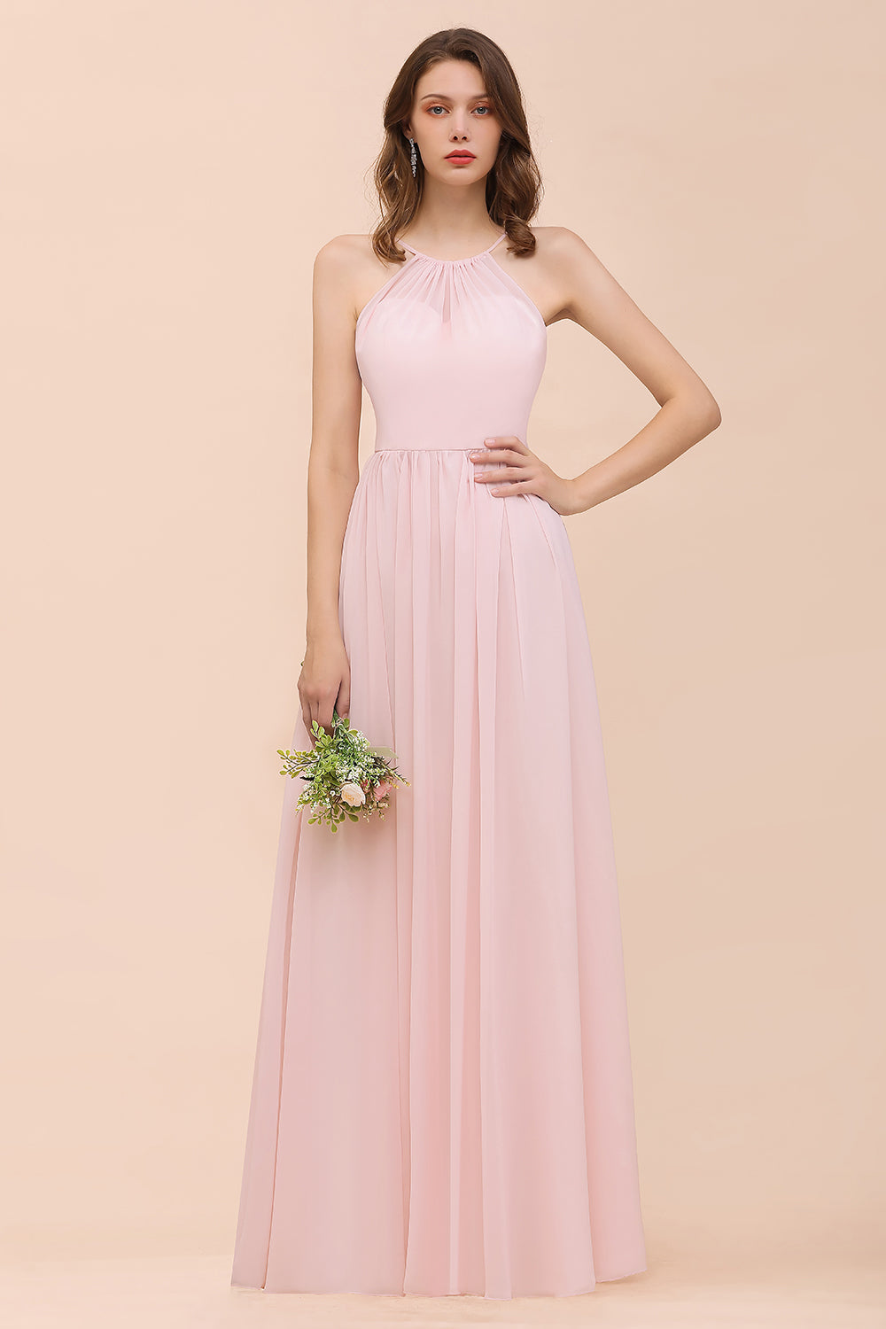 Gorgeous Chiffon Halter Ruffle Affordable Long Bridesmaid Dress