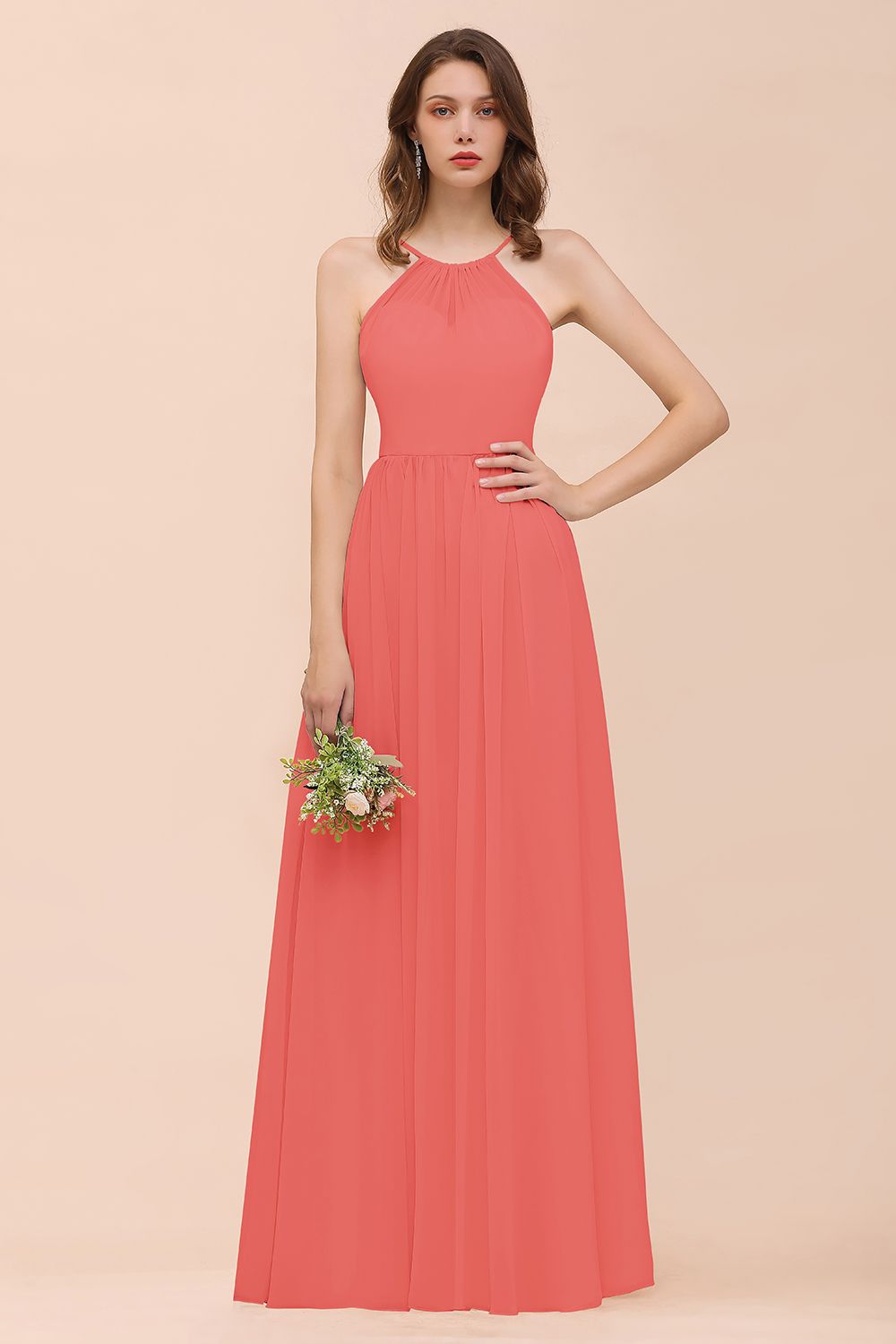 Gorgeous Chiffon Halter Ruffle Affordable Long Bridesmaid Dress