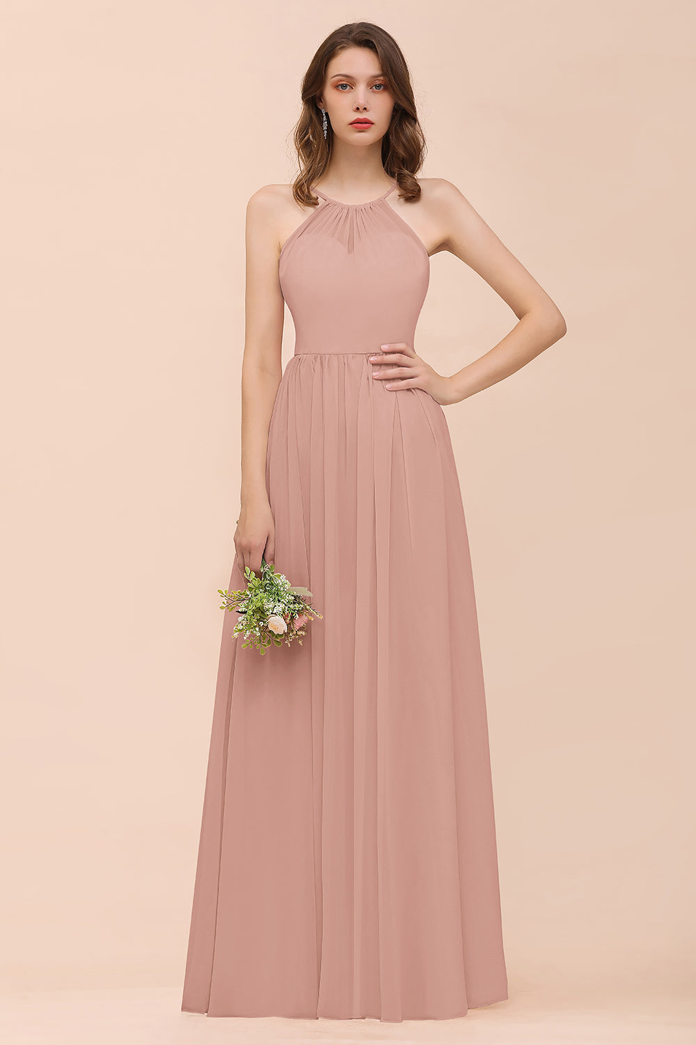 Gorgeous Chiffon Halter Ruffle Affordable Long Bridesmaid Dress