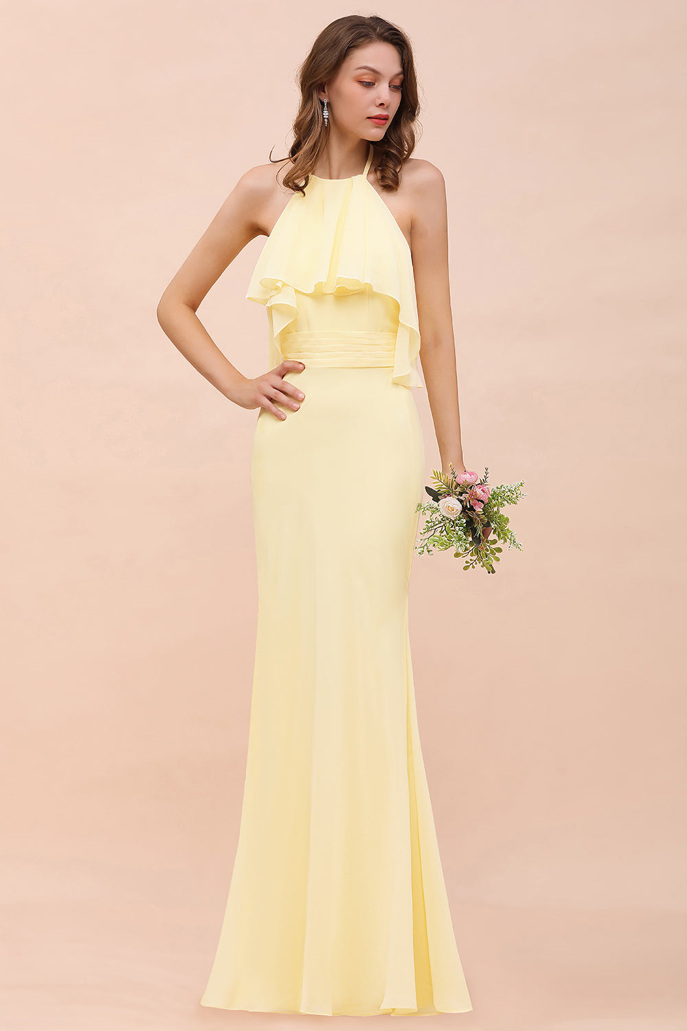 Gorgeous Daffodil Mermaid Halter Ruffle Bridesmaid Dress