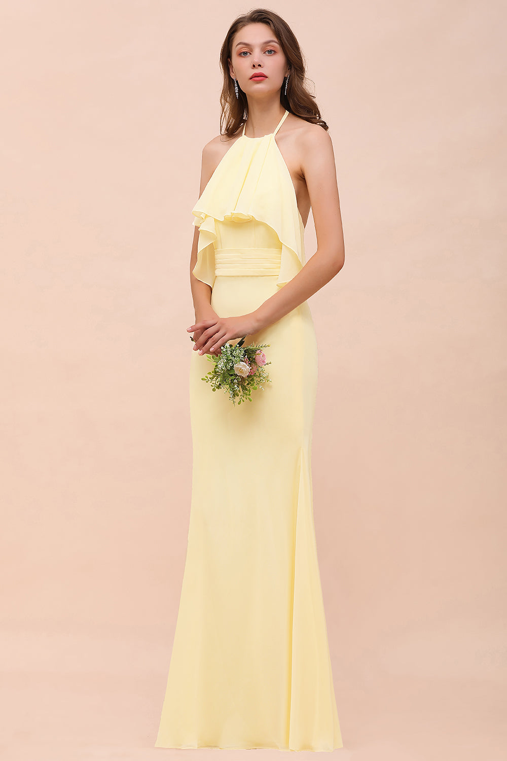 Gorgeous Daffodil Mermaid Halter Ruffle Bridesmaid Dress