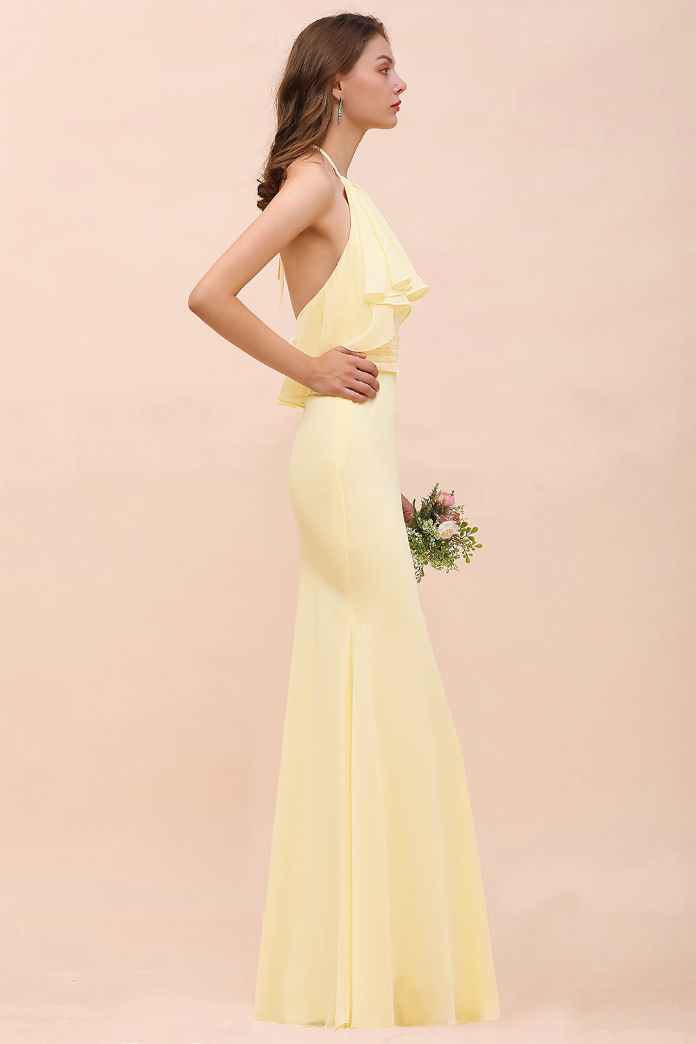 Gorgeous Daffodil Mermaid Halter Ruffle Bridesmaid Dress