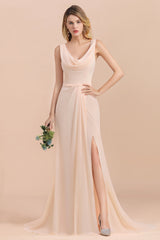 Gorgeous Drapped Neckline Ruffle Chiffon Bridesmaid Dresses Online with Slit