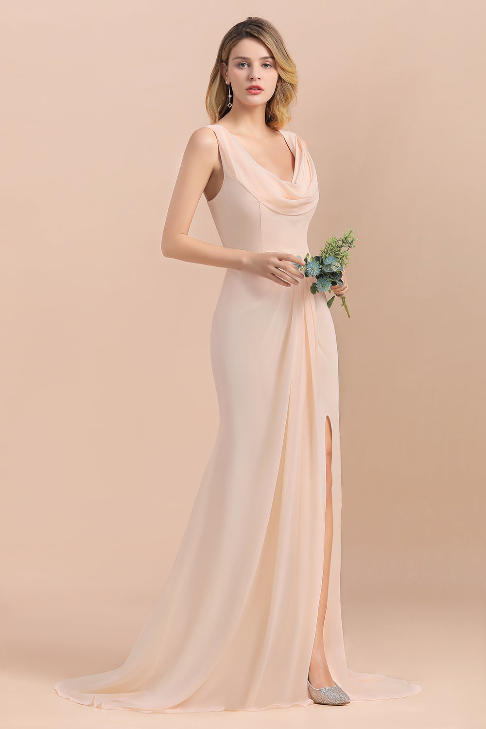 Gorgeous Drapped Neckline Ruffle Chiffon Bridesmaid Dresses Online with Slit