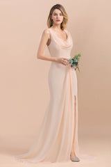 Gorgeous Drapped Neckline Ruffle Chiffon Bridesmaid Dresses Online with Slit