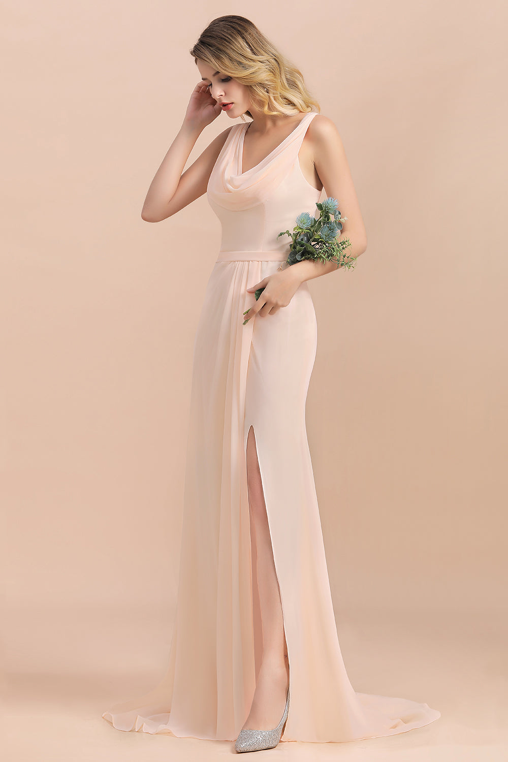 Gorgeous Drapped Neckline Ruffle Chiffon Bridesmaid Dresses Online with Slit