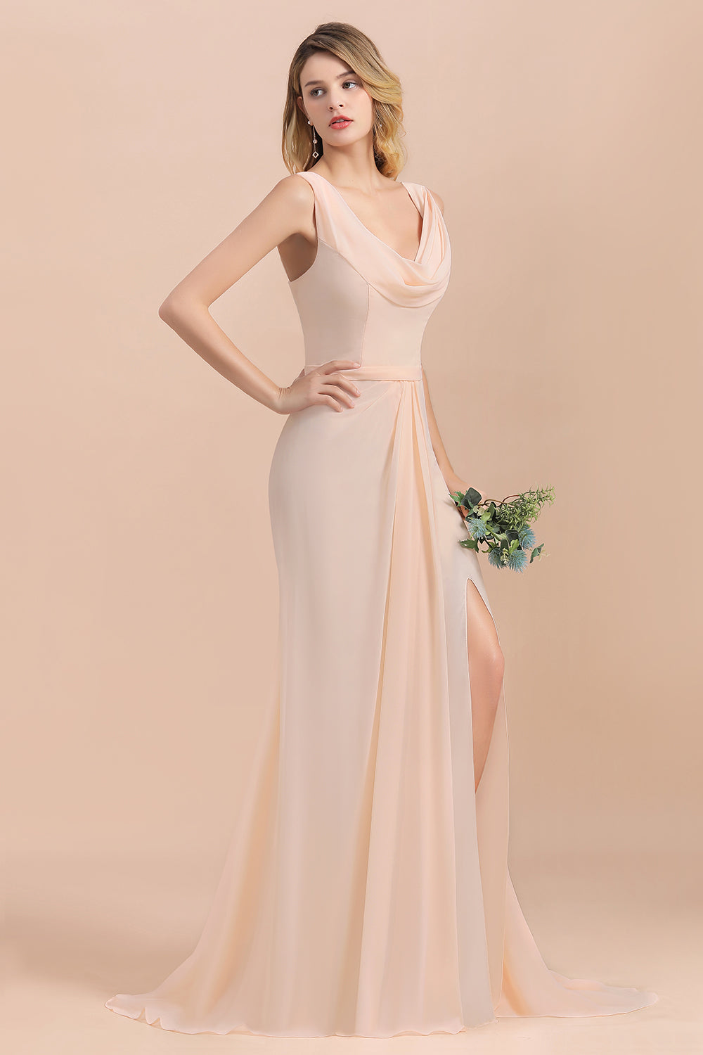Gorgeous Drapped Neckline Ruffle Chiffon Bridesmaid Dresses Online with Slit